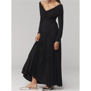 Anthropologie Black Long Sleeve Off-The-Shoulder Knit Maxi Dress Extra Small